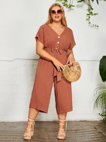 SHEIN VCAY 大碼前紐扣圓點腰帶連身褲 - 亮橙色 - 查看 6