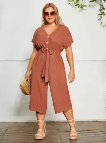 SHEIN VCAY 大碼前紐扣圓點腰帶連身褲 - 亮橙色 - 查看 1