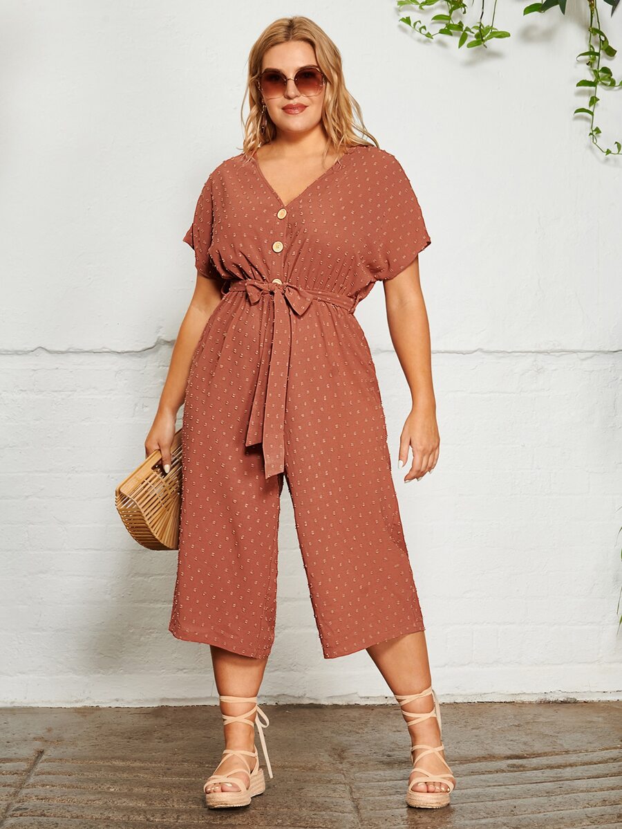 SHEIN VCAY 大碼前紐扣圓點腰帶連身褲 - 亮橙色 - 查看 1