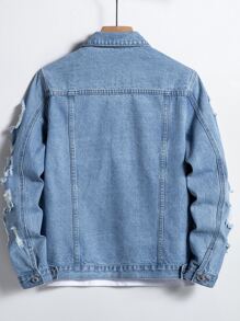 Manfinity Homme Men Cotton Ripped Frayed Flap Pocket Blue Denim Jacket Without Tee, Party Grunge Rapper Style, Men Denim Jacket, Ripped Denim Jacket, Grunge Jacket - Light Wash - View 2