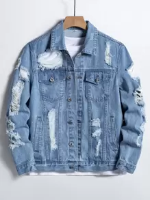 Manfinity Homme Men Cotton Ripped Frayed Flap Pocket Blue Denim Jacket Without Tee, Party Grunge Rapper Style, Men Denim Jacket, Ripped Denim Jacket, Grunge Jacket - Light Wash - View 3