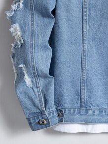 Manfinity Homme Men Cotton Ripped Frayed Flap Pocket Blue Denim Jacket Without Tee, Party Grunge Rapper Style, Men Denim Jacket, Ripped Denim Jacket, Grunge Jacket - Light Wash - View 5