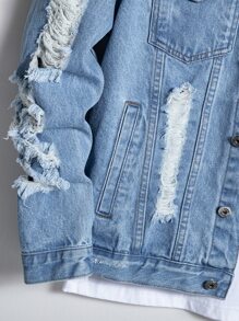 Manfinity Homme Men Cotton Ripped Frayed Flap Pocket Blue Denim Jacket Without Tee, Party Grunge Rapper Style, Men Denim Jacket, Ripped Denim Jacket, Grunge Jacket - Light Wash - View 7