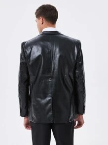 Men Lapel Collar Single Button PU Blazer - Black - View 2