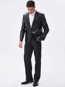 Men Lapel Collar Single Button PU Blazer - Black - View 3