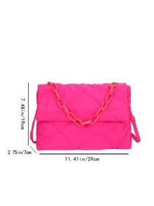 Neon Pink Quilted Pattern Chain Decor Flap Square Bag - Hot Pink - View 4
