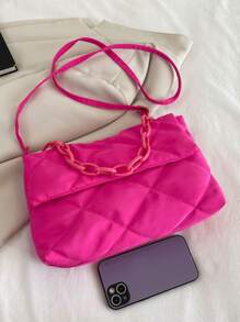 Neon Pink Quilted Pattern Chain Decor Flap Square Bag - Hot Pink - View 3