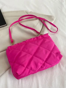 Neon Pink Quilted Pattern Chain Decor Flap Square Bag - Hot Pink - View 6