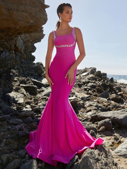 Vestido de fiesta con diseño de diamante de imitación bajo sirena
