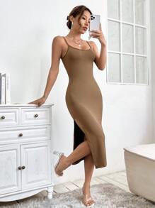 SHEIN PETITE Solid Split Thigh Cami Dress - Khaki - View 5