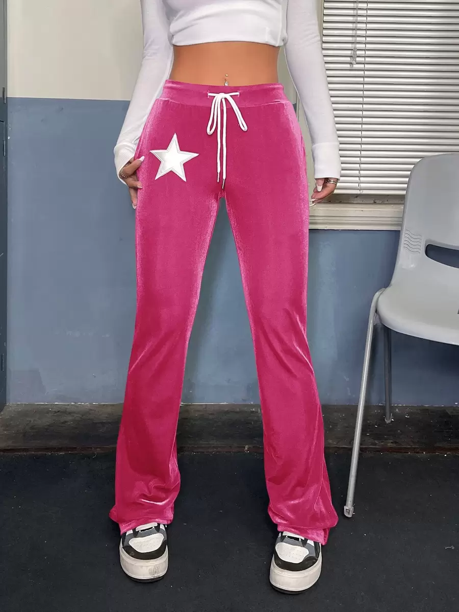 SHEIN ICON Pantalones con estrella con parche de cintura con cordón de terciopelo - Rosa - Ver 1