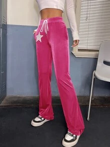 SHEIN ICON Pantalones con estrella con parche de cintura con cordón de terciopelo - Rosa - Ver 3