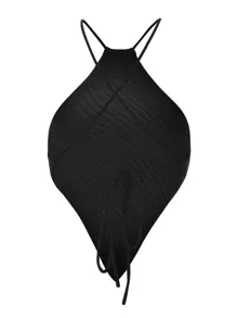 Breezaya Solid Lace Up Backless Asymmetrical Hem Knit Top - Black - View 2