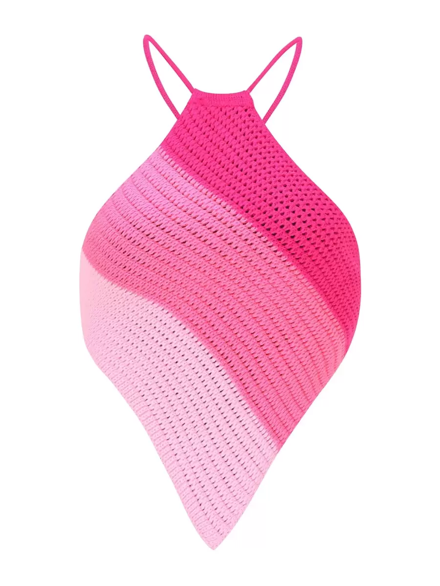 Breezaya Top de punto de rayas de espalda abierta con cordón bajo asimétrico - Rosa - Ver 1