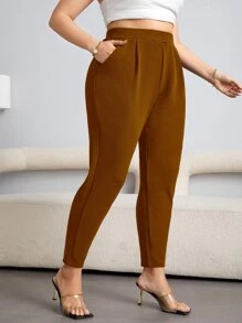SHEIN Essnce Plus High Waist Plicated Detail Tapered Trousers - Coffee Brown - View 1