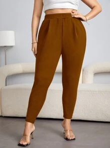 SHEIN Essnce Plus High Waist Plicated Detail Tapered Trousers - Coffee Brown - View 4