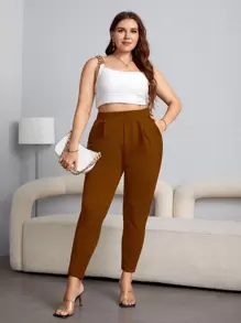 SHEIN Essnce Plus High Waist Plicated Detail Tapered Trousers - Coffee Brown - View 5