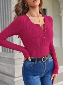 SHEIN Essnce Ribbed Knit Half Button Tee - Hot Pink - View 3