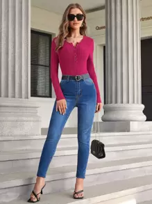 SHEIN Essnce Ribbed Knit Half Button Tee - Hot Pink - View 4