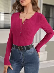 SHEIN Essnce Ribbed Knit Half Button Tee - Hot Pink - View 5