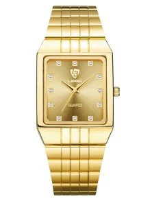 FANSICHEN Đồng hồ đeo tay thạch anh hình vuông trang trí bằng kim cương giả cho nam - Vàng - Xem 1