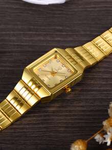 FANSICHEN Đồng hồ đeo tay thạch anh hình vuông trang trí bằng kim cương giả cho nam - Vàng - Xem 3