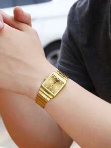 FANSICHEN Đồng hồ đeo tay thạch anh hình vuông trang trí bằng kim cương giả cho nam - Vàng - Xem 4