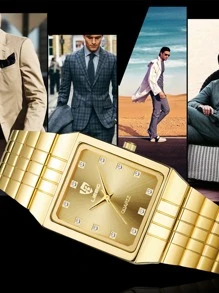 FANSICHEN Đồng hồ đeo tay thạch anh hình vuông trang trí bằng kim cương giả cho nam - Vàng - Xem 5