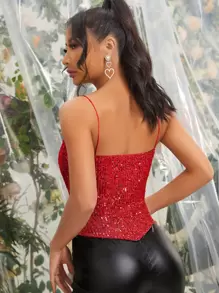 SHEIN Belle Top de tirantes de cuello con fruncido con lentejuelas - Rojo - Ver 2