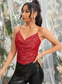 SHEIN Belle Top de tirantes de cuello con fruncido con lentejuelas - Rojo - Ver 3
