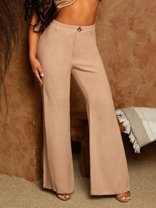 SHEIN SXY Solid Zipper Fly Flare Leg Trousers - Khaki - View 1