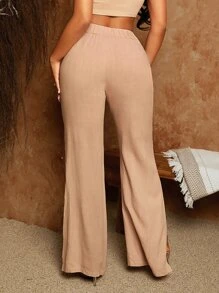 SHEIN SXY Solid Zipper Fly Flare Leg Trousers - Khaki - View 2