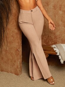 SHEIN SXY Solid Zipper Fly Flare Leg Trousers - Khaki - View 4