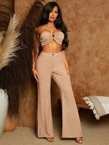 SHEIN SXY Solid Zipper Fly Flare Leg Trousers - Khaki - View 5