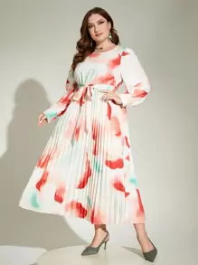 Modelyn Vestido con cinturón de tie dye de manga farol - Multicolor - Ver 1