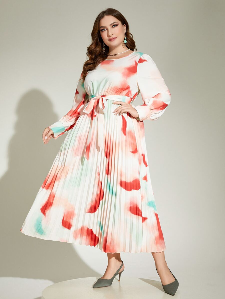 Modelyn Vestido con cinturón de tie dye de manga farol - Multicolor - Ver 1