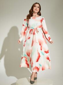 Modelyn Vestido con cinturón de tie dye de manga farol - Multicolor - Ver 4