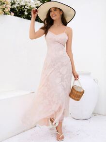 SHEIN VCAY 提花葉子圖案吊帶洋裝 - 淺粉色 - 查看 1