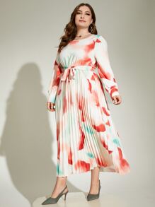 Modelyn Vestido con cinturón de tie dye de manga farol - Multicolor - Ver 6