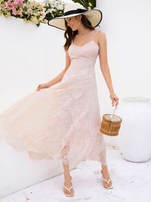SHEIN VCAY 提花葉子圖案吊帶洋裝 - 淺粉色 - 查看 3