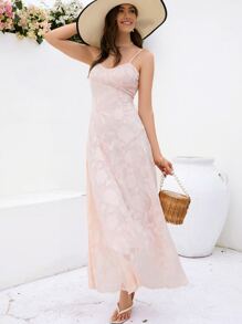 SHEIN VCAY 提花葉子圖案吊帶洋裝 - 淺粉色 - 查看 4