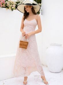 SHEIN VCAY 提花葉子圖案吊帶洋裝 - 淺粉色 - 查看 6