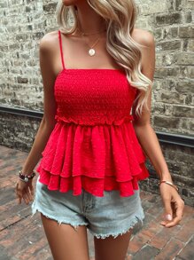 SHEIN LUNE Ruffle Hem Cami Top For New Year Clothes - Red - View 1