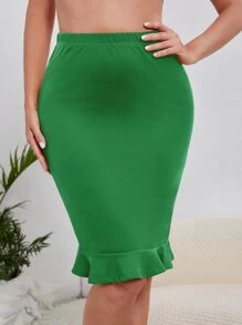 SHEIN Privé Solid Ruffle Hem Pencil Skirt - Green - View 1