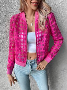SHEIN Privé Hollow Out Zip Up Bomber Jacket - Hot Pink - View 3