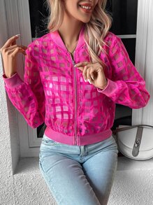 SHEIN Privé Hollow Out Zip Up Bomber Jacket - Hot Pink - View 5