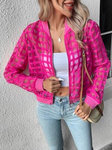 SHEIN Privé Hollow Out Zip Up Bomber Jacket - Hot Pink - View 6