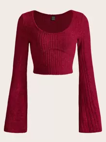 Muchica Scoop Neck Bell Sleeve Crop Tee - Burgundy - View 1