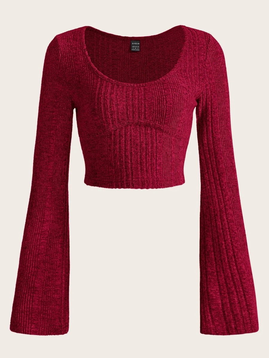 Muchica Scoop Neck Bell Sleeve Crop Tee - Burgundy - View 1