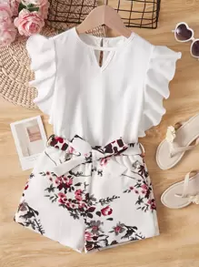 SHEIN Girls Ruffle Trim Keyhole Neck Top & Floral Print Belted Shorts